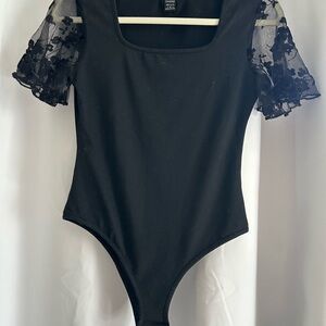 Elegant Black Bodysuit with Lace Sleeves